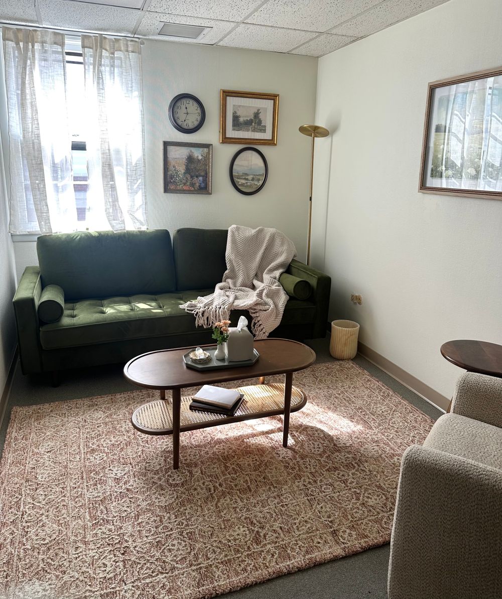 Welcome to my office where I meet with adults and adolescents! I also have a dedicated playroom for working with children and families!