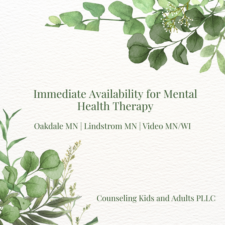 Now accepting new clients of all ages! Immediate openings for individual, family, and couples therapy. Support when you need it most.