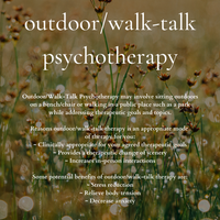 Gallery Photo of Outdoor/Walk-Talk Psychotherapy may involve sitting outdoors on a bench/chair or walking in a public place such as a park or walking trail. 