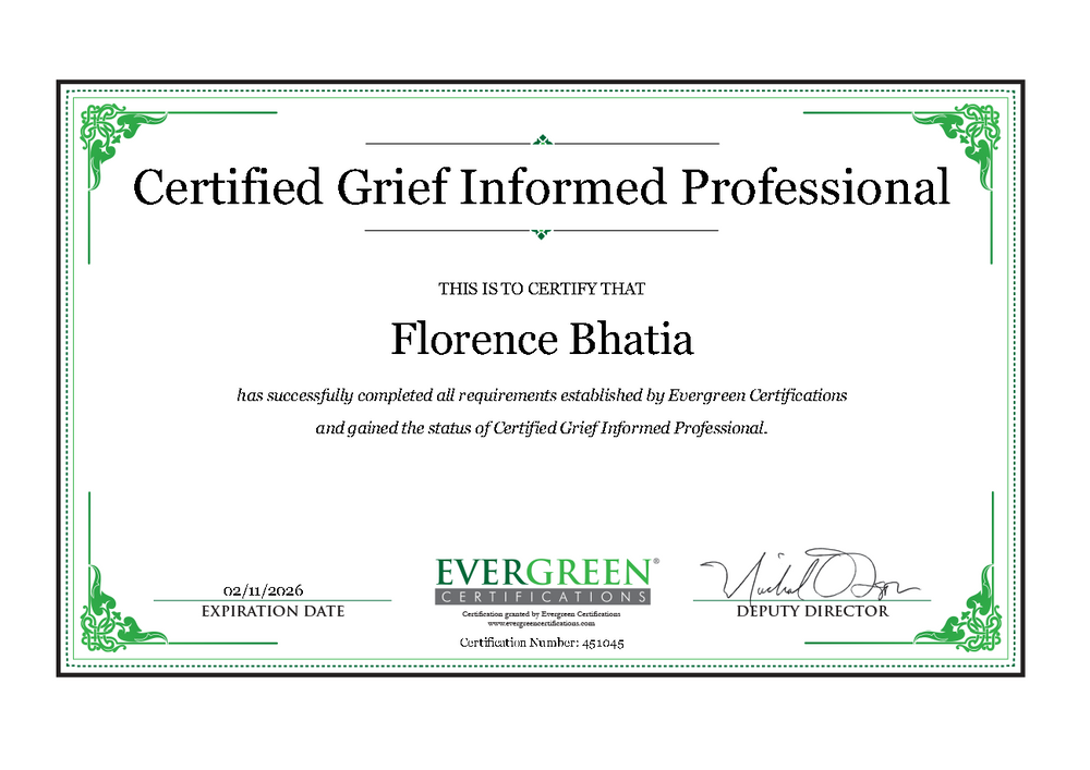 Flo is proud to be a Certified Grief Informed Professional. She honors grief with compassion, knowledge, and presence. 
- Grief Support