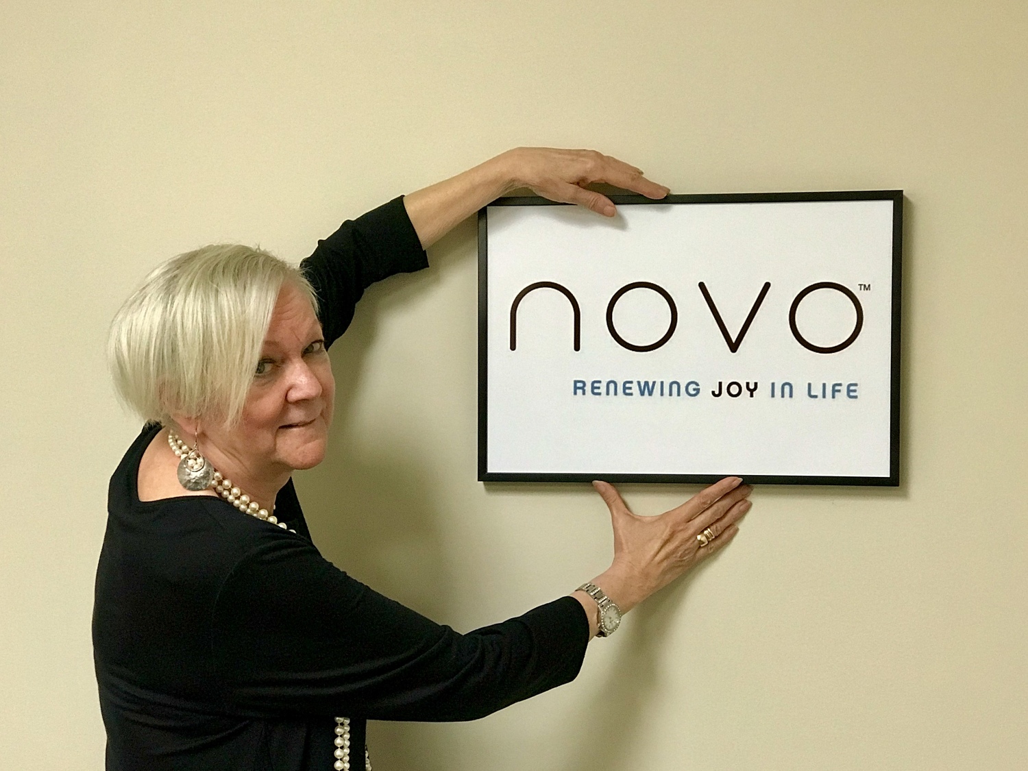 Gallery Photo of Dr. Alden putting up a photo of NOVO's logo.
