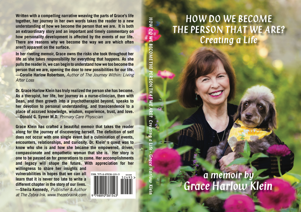 My dog Sugar greets clients and is a very sensitive therapy dog.  The cover of my book poses the question, How Do We Become and Creating a Life.