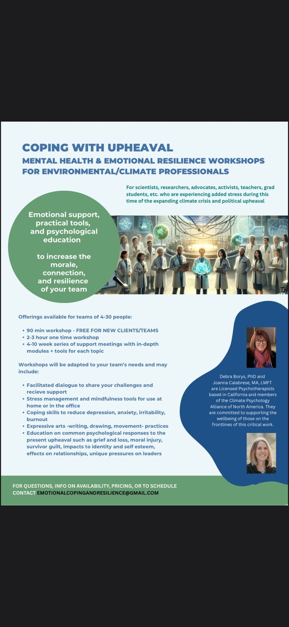 In this time of political upheaval & climate crisis, Joanna Calabrese and I are pleased to offer our menu of emotional coping and support workshops. 