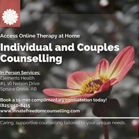 Gallery Photo of Access individual and couples counselling in-person at Elements Health, 1-16 Nelson Drive, Spruce Grove, AB. Online and phone options available. 