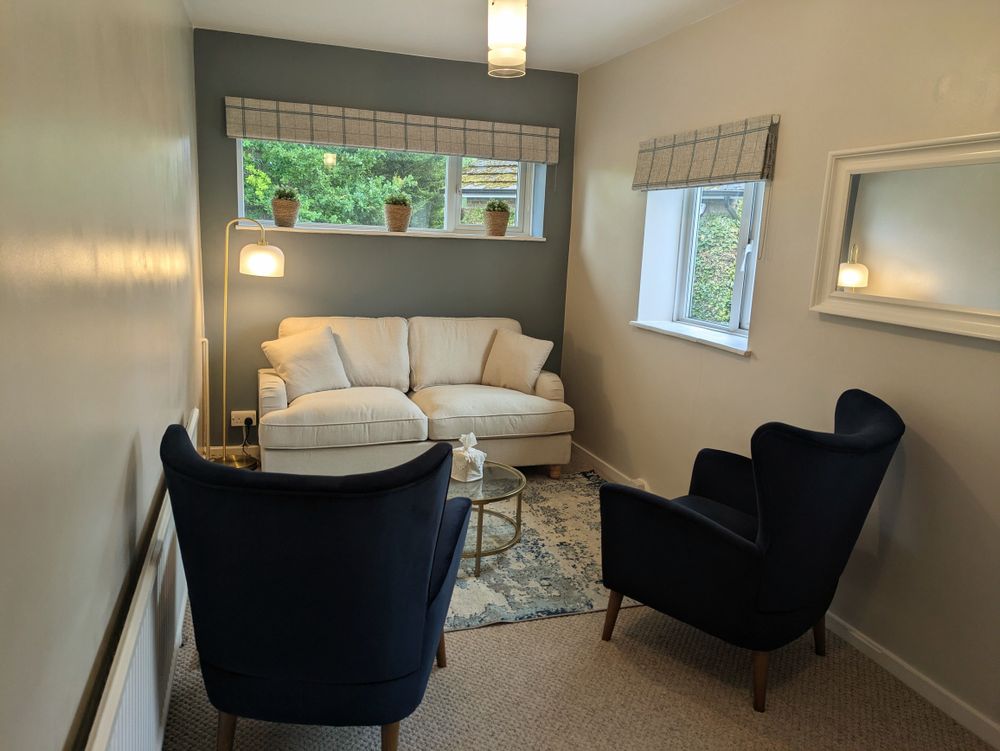 The counselling room is on the first floor in a residential area in Nutfield, Surrey, with free on-site parking.