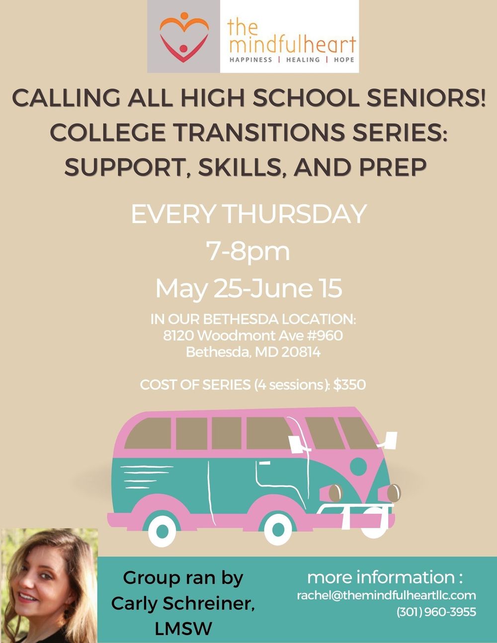 New Group! Starting May 25-June 15. College Transitions: Support, Skills, and Prep for high school seniors. Email or call us today!