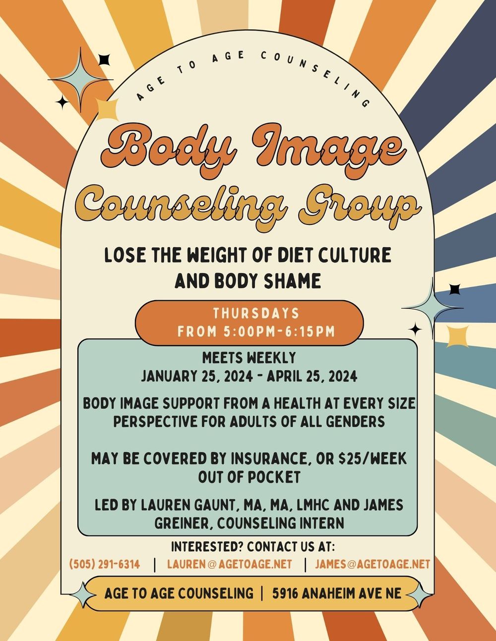 Body Image group counseling available starting in January 2024. Further details in flyer; contact with any questions or if interested!