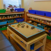 Gallery Photo of a full size sand tray with many figurines, tools and items to facilitate imaginary landscapes and inner worlds
