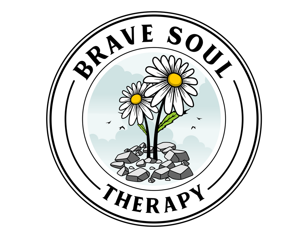 Brave Soul Therapy logo with two daisies growing through rocks, set against a sky with birds, symbolizing resilience and healing.
