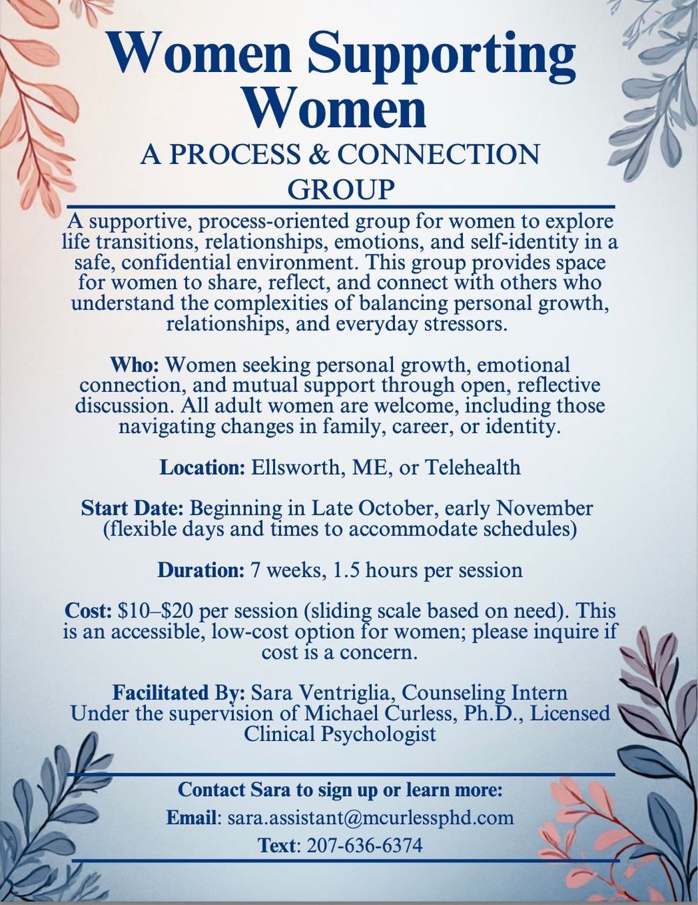 Coming soon! All Women's process and support group, a low-cost option for those seeking community and clinical support!