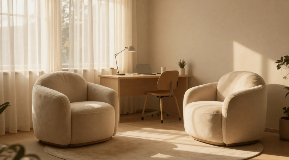 My virtual therapy space reflects the calm, private and supportive environment I aim to create in all online and telephone counselling sessions.