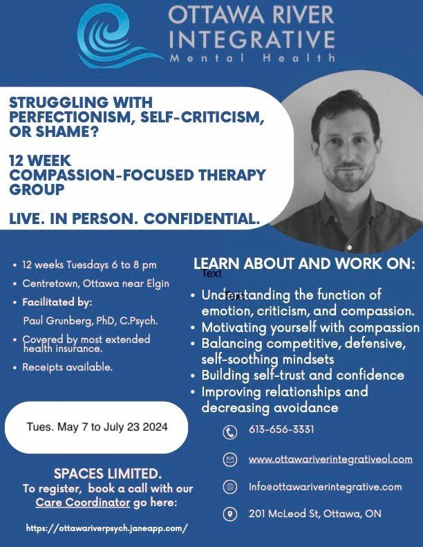 12-week Compassion-Focused Therapy
Registration open w/ limited spots.

May 7 to July 23, 2024 Tuesdays 6-8pm