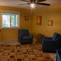 Gallery Photo of A photo of an interior room with two blue chairs, yellow walls, a rug, and a window looking out on trees.