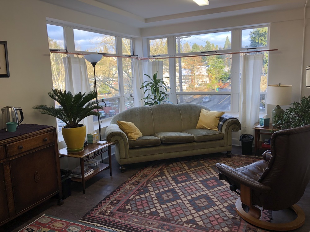 My office is warm and comfortable with lots of natural light. Adjacent to Mt. Tabor Park, you can stroll in the park before or after sessions.