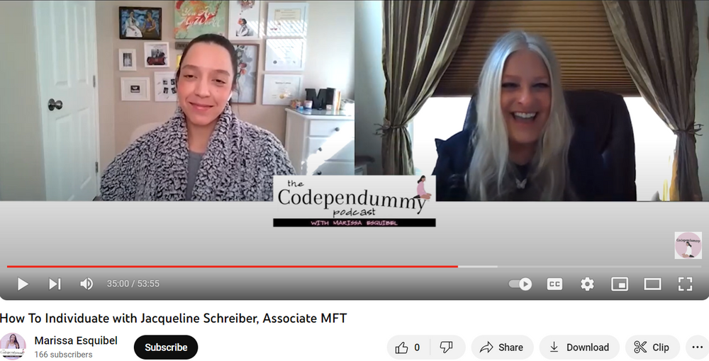 Podcast appearance October 2023 hosted on Youtube.

"How To Individuate," hosted by Marissa Esquibel, with Jacqueline Schreiber, Associate MFT.