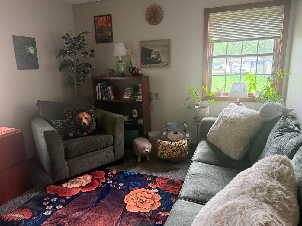My office space aims to be cozy, calming and safe. 