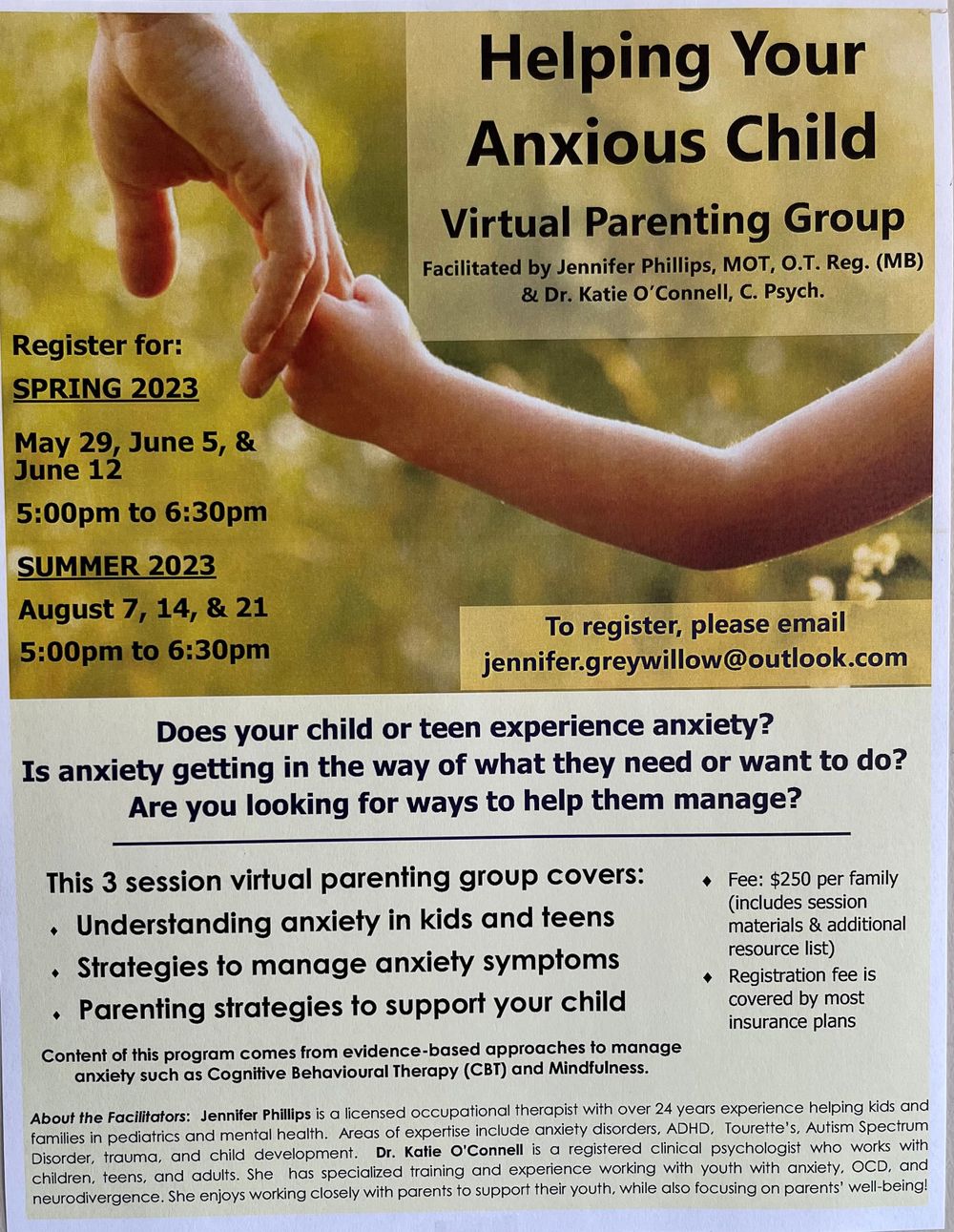 3 session virtual parent group: Understanding anxiety in kids and teens, Strategies to manage anxiety symptoms, Parenting strategies