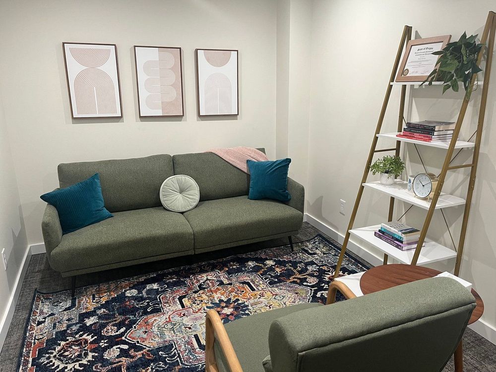My office is calming & cozy, with a comfortable couch, blanket and fidgets. Help yourself to water, tea, or coffee.