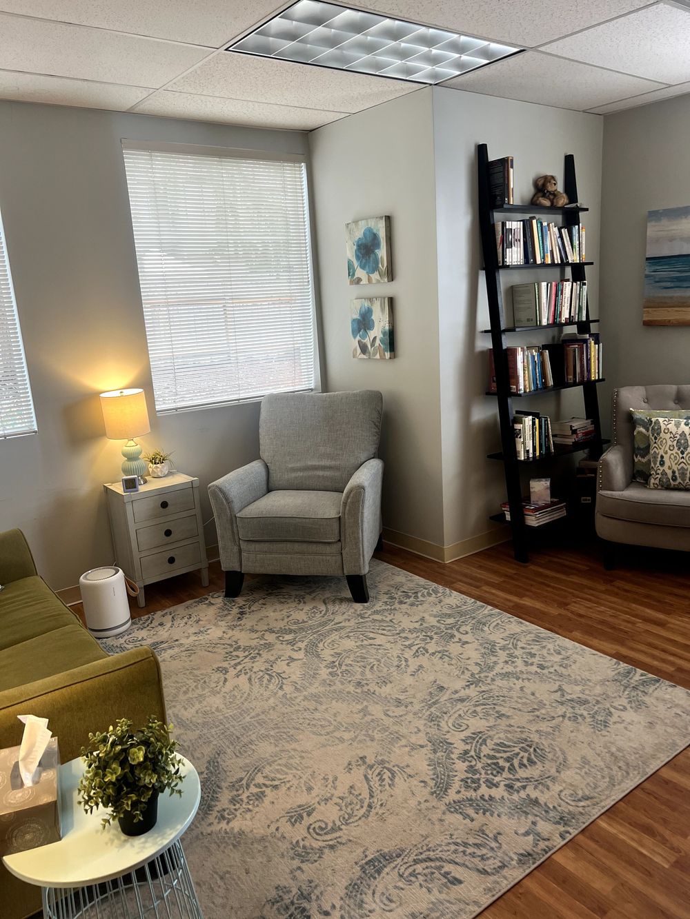 Therapy and counseling services in an office that invites you to be cozy and feel safe.