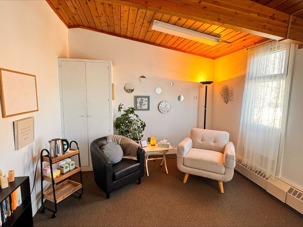My office has vaulted pine ceilings, comfy chairs, and complimentary tea.