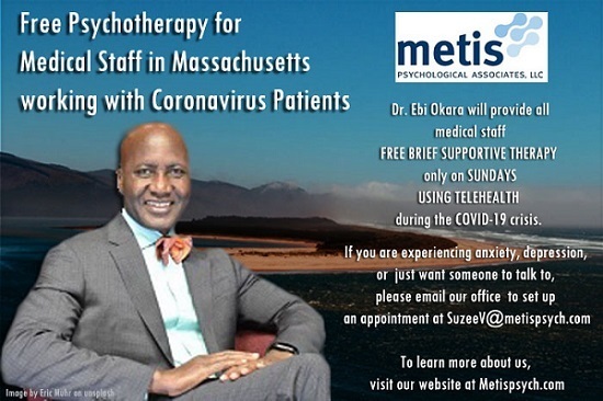 Free psychotherapy for Medical Staff in Massachusetts working with Coronavirus Patients. Email us today for an appointment at SuzeeV@metispsych.com