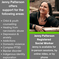 Gallery Photo of Jenny Patterson has lived experience as an Indigenous woman: Price for is Individual therapy $110. As a RSW, Jenny isn't required to charge HST.