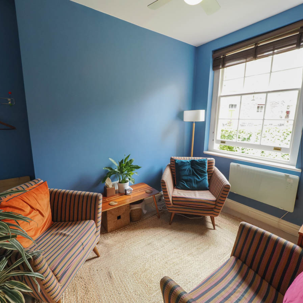 A blue, mid-century bespoke therapy room filled with natural light and real plants, offering a calm, grounding space for open conversation.