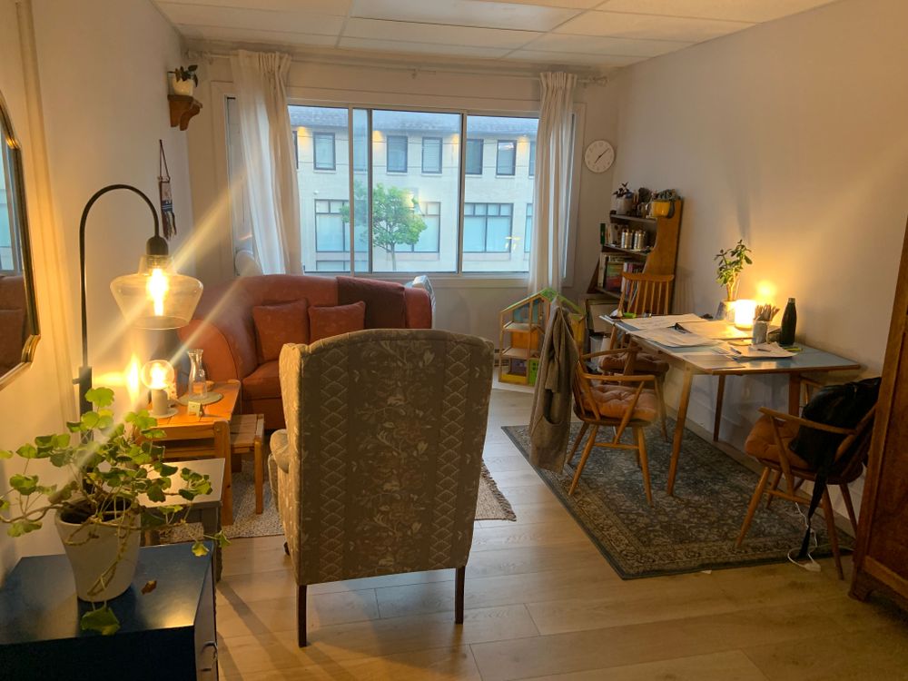 My office includes comfortable seating to talk and space to make art and crafts in a warm, inviting atmosphere! 
