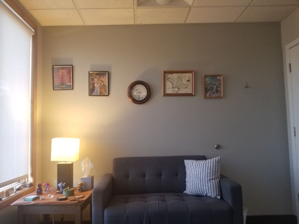 My office includes a number paintings, books, and interesting odds and ends. I try to create a calm, welcoming atmosphere. 