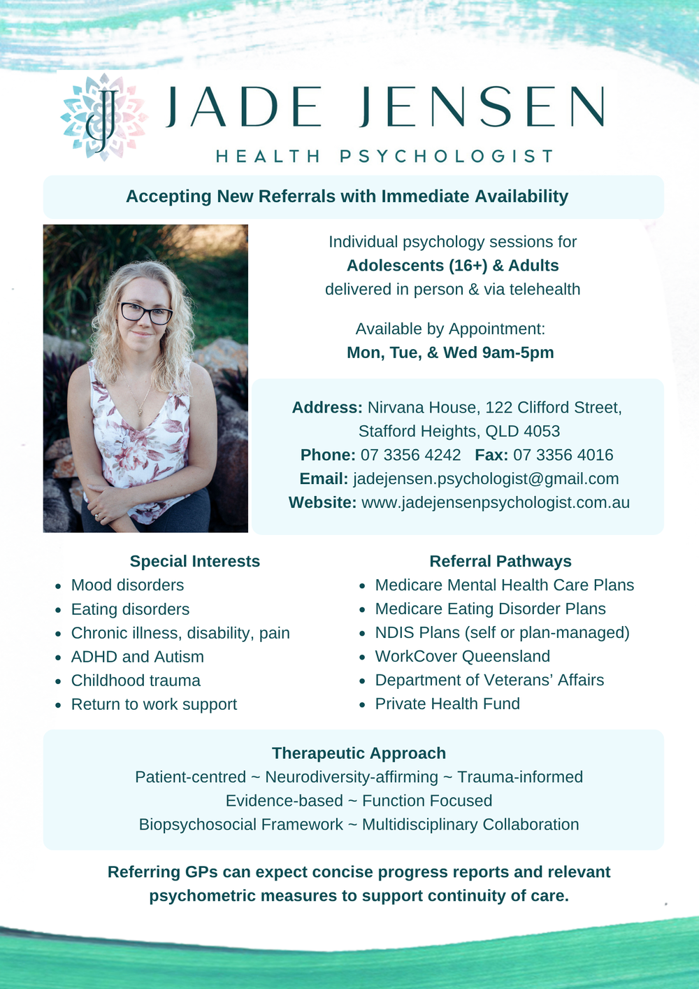 Jade Jensen, Health Psychologist at Nirvana House (Stafford Heights, North Brisbane). 