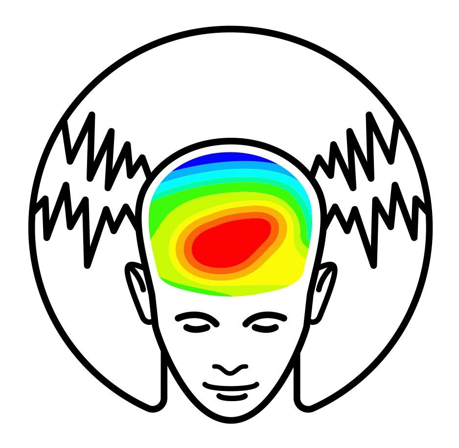 This is a figure of a person emitting electric brain waves with different colors showing the intensity of the waves at different locations. 