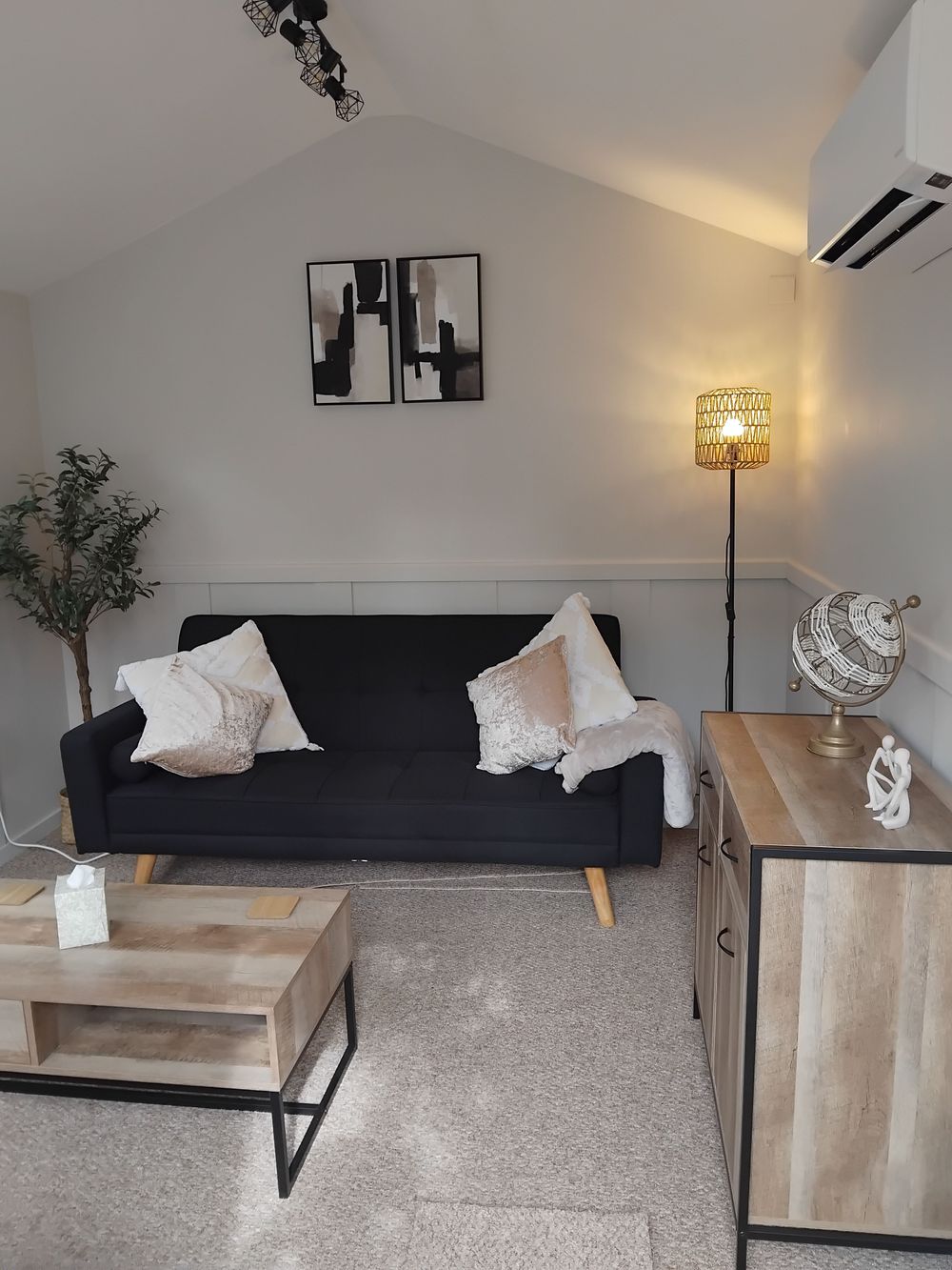 Inside of the cabin; a comfortable and welcoming space.