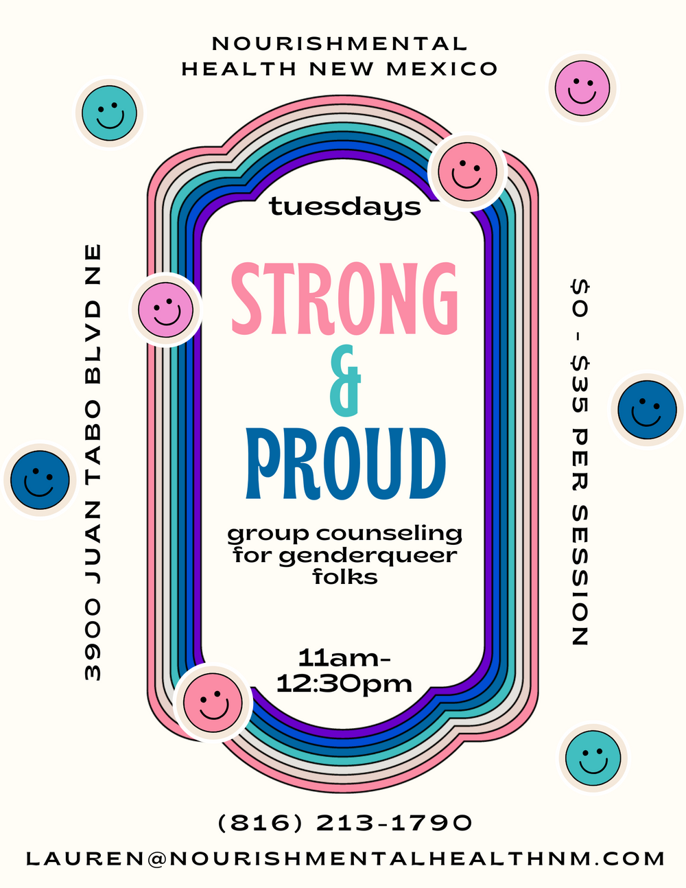 Counseling group for genderqueer/gender-expansive folks. Meets weekly on Tuesdays from 11am-12:15pm. Contact me for more information!