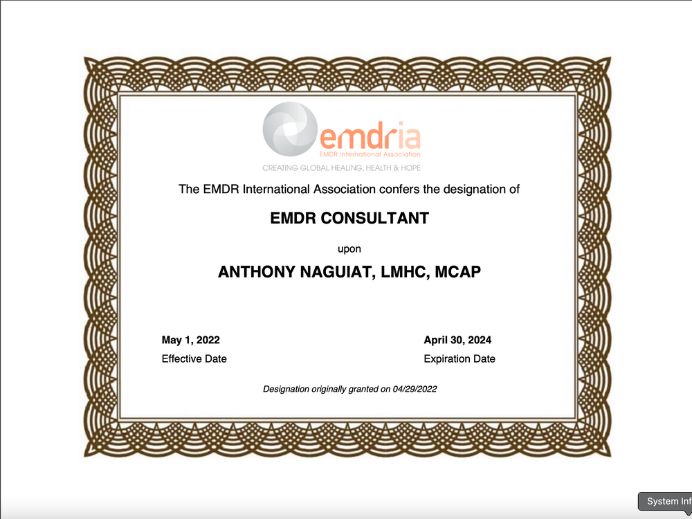 EMDRIA approved Consultant and Certified EMDR Therapist