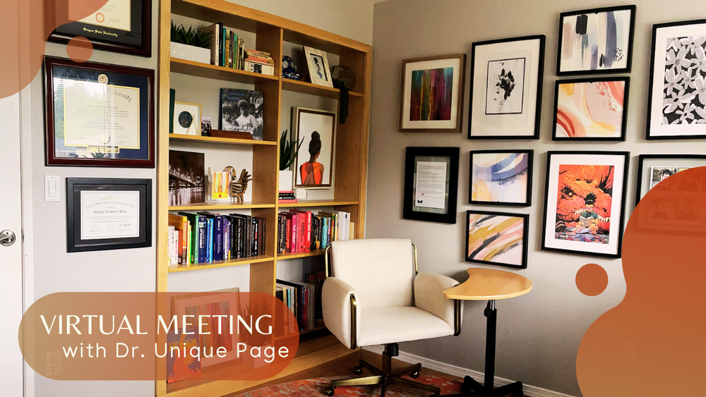 Image: Office with bookshelf, diplomas, colorful art, chair, and desk. Text reads: "Virtual Meeting with Dr. Unique Page" in brown graphic overlay.