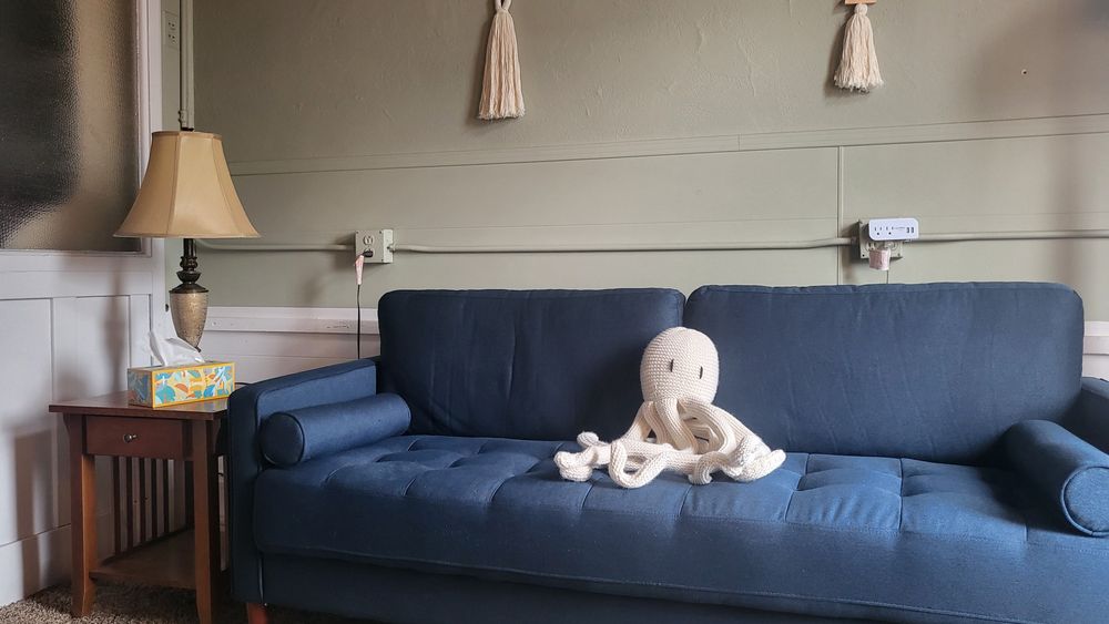 My therapy space, upstairs from Timber Rose downtown, and a welcoming office Octopus to fidget with while we talk. 