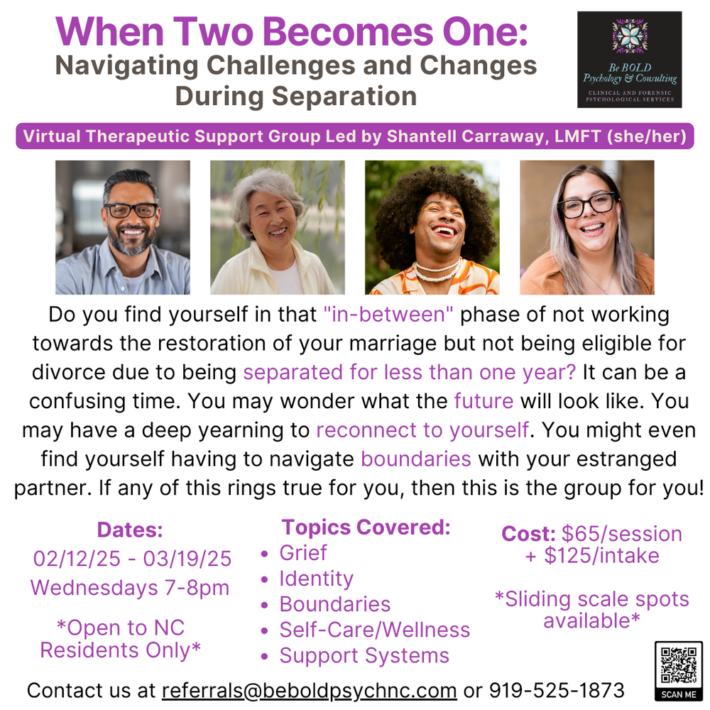 This separation group is for you if you or your spouse have decided to separate but are not divorced yet. Open to adults of all ages, races, etc.