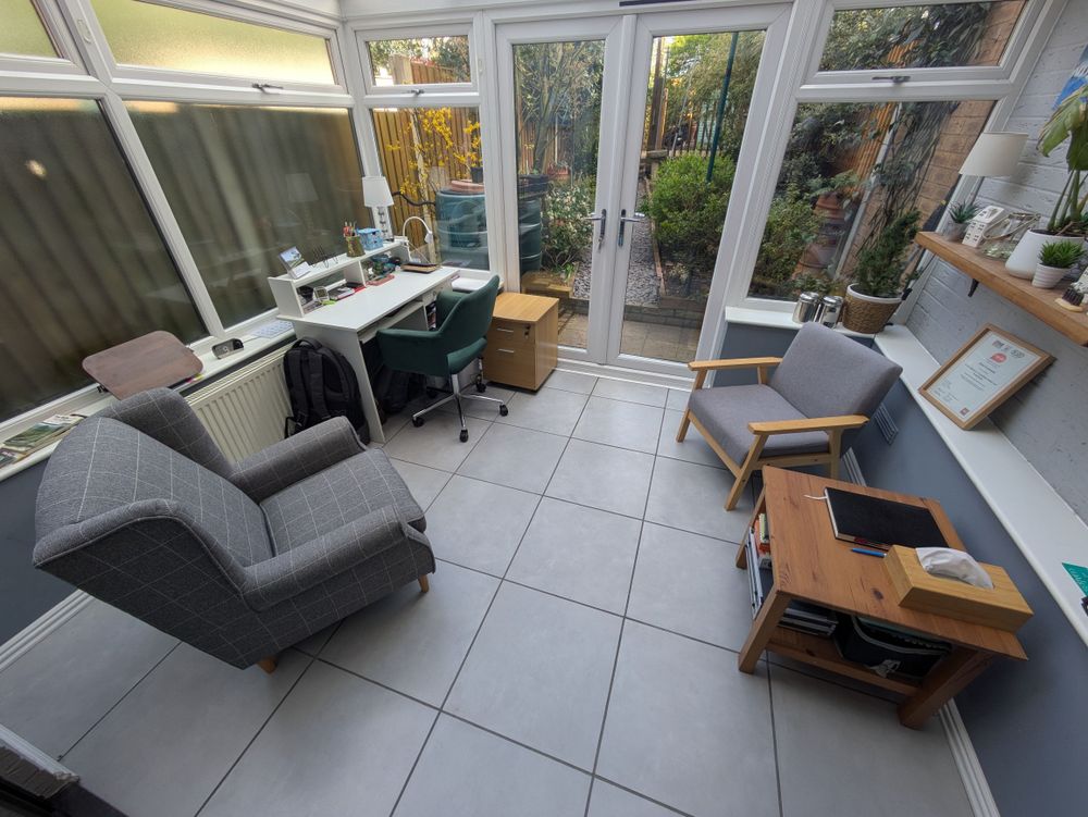 This is what the counselling room looks like where I provide therapy, both face-to-face and online