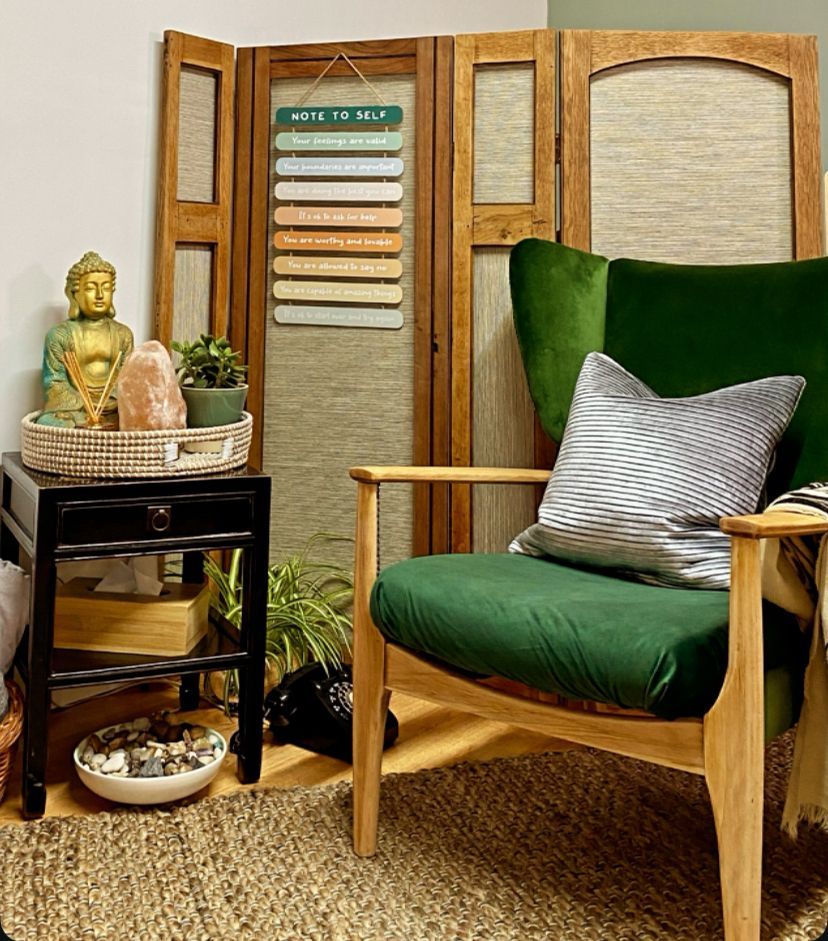 I converted my garage into a therapy space that is warm and  welcoming. 