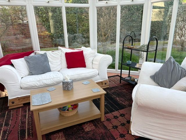 My counselling room overlooks the garden bringing a touch of nature into the space.