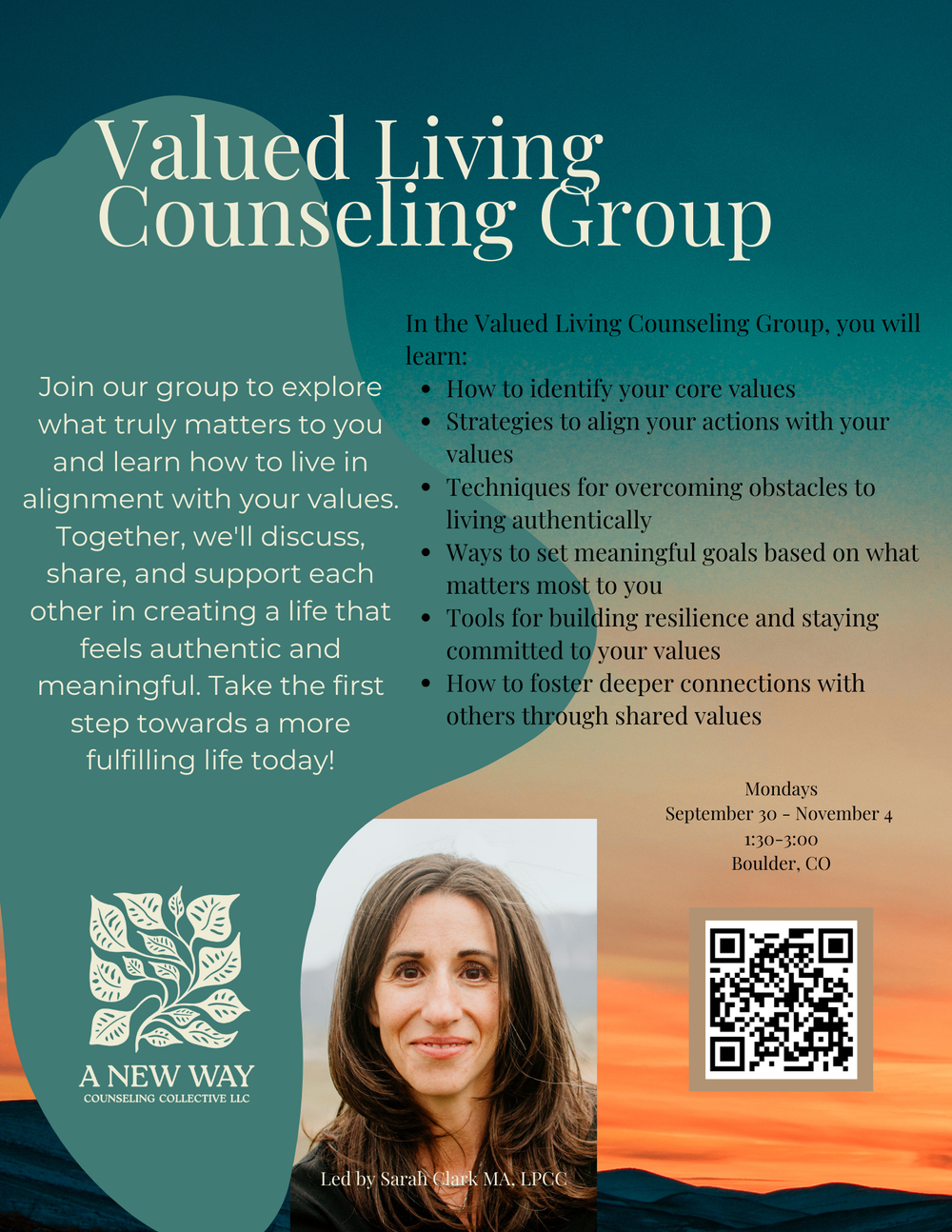 Are you tired of living. your life on other people's terms? Join our Valued Living Counseling Group to learn how to align with what truly matters.