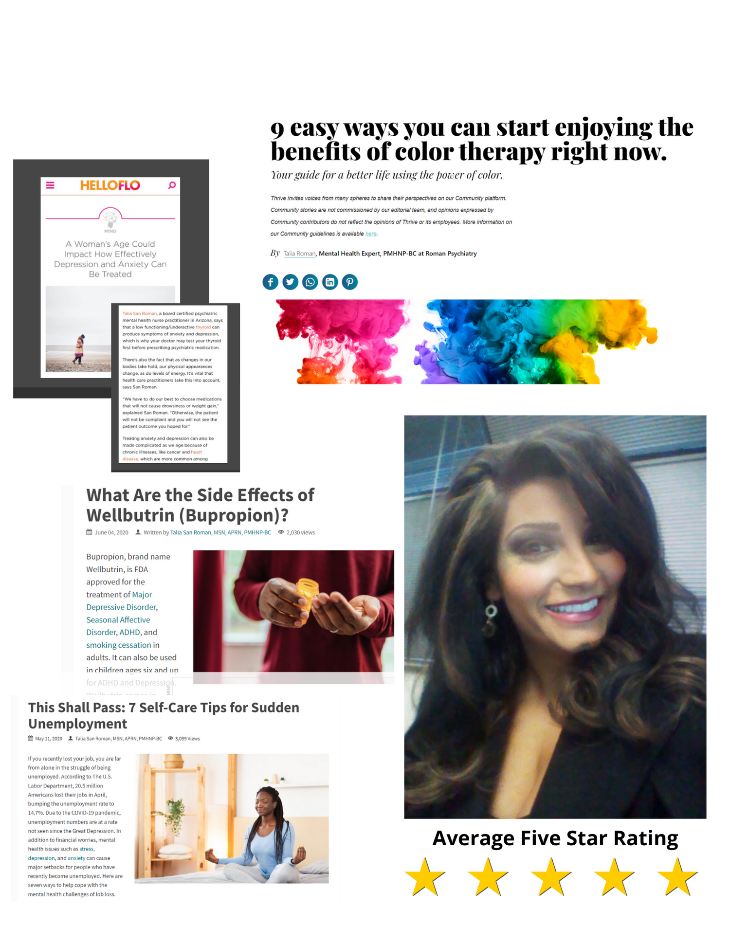 Gallery Photo of Talia Roman has been featured in national media for her mental health expertise and has an average five star rating.