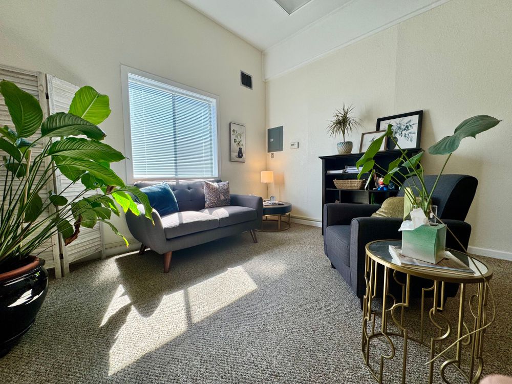 Photo of Archita's office space - with a couch, seats, and plants. 