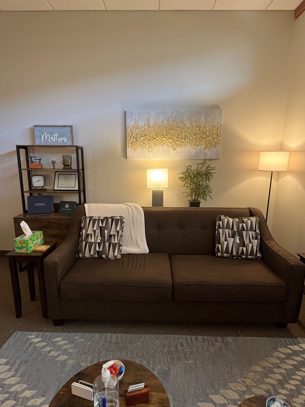 Warm, calming therapy space in Naperville. Private, welcoming, and designed to support deep healing and grounded connection.