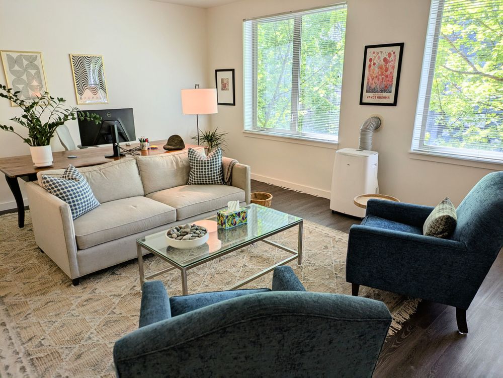 In-person sessions are available in my spacious, light-filled office right in the heart of downtown Madrona. Abundant street parking is free. 