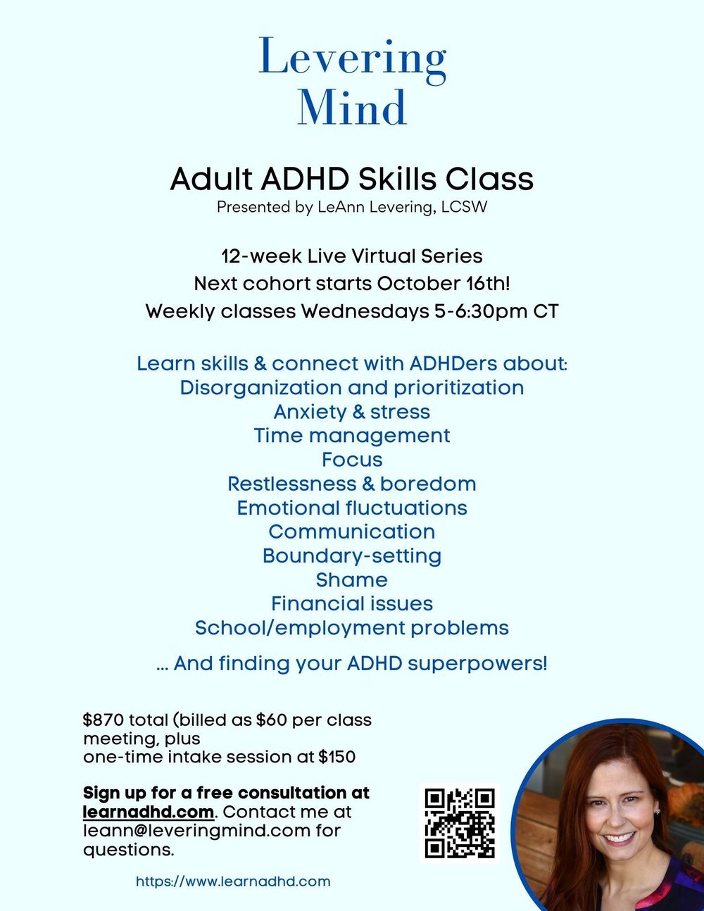 Adult ADHD Skills Class series begins soon! This class meets Wednesdays 5-6:30pm on Zoom. Set up a free consultation at learnadhd.com