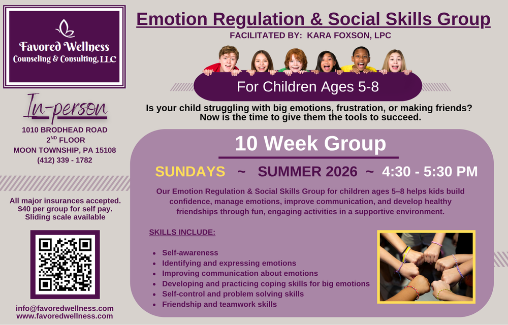 I am excited to be starting an in-person group for young kids to learn and practice emotion regulation and coping skills!