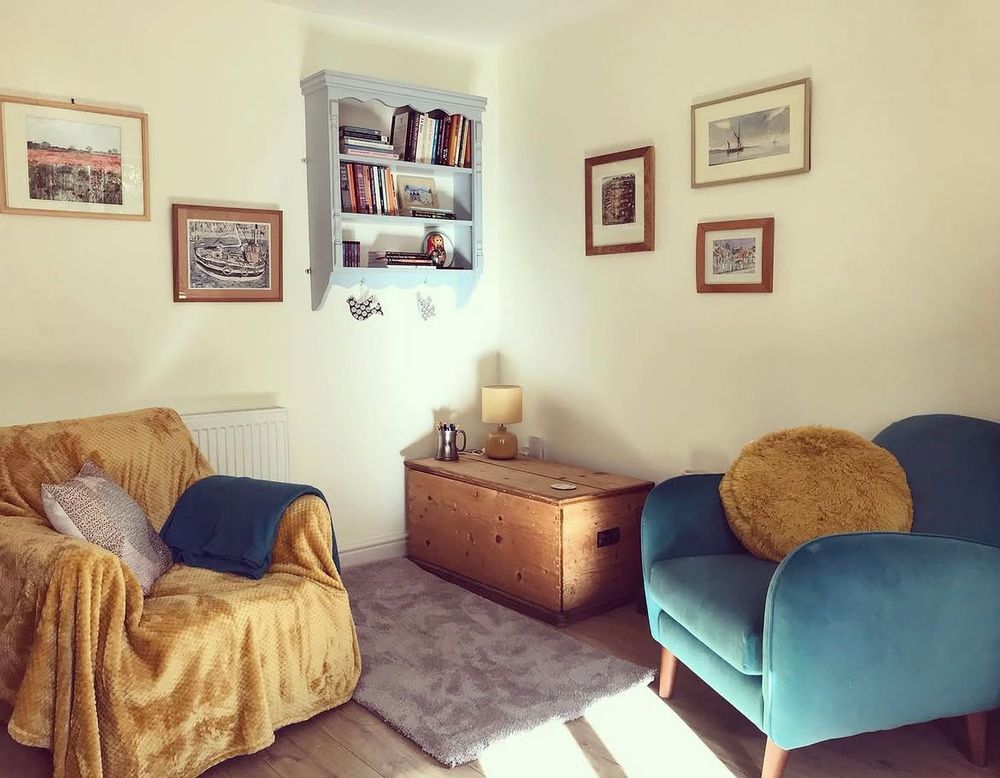 A calm, private therapy space in my garden room in Barton-upon-Humber, offering face-to-face counselling in a warm, welcoming setting.
