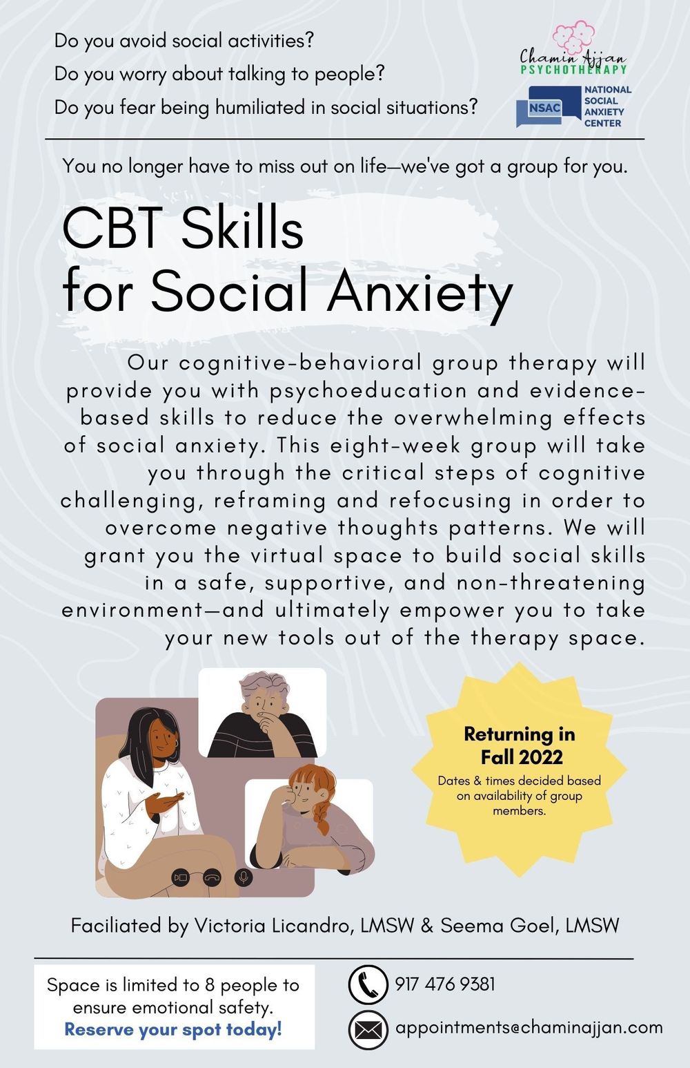 Group Therapy: CBT for Social Anxiety
Starting in Fall 2022 - Sign up today!