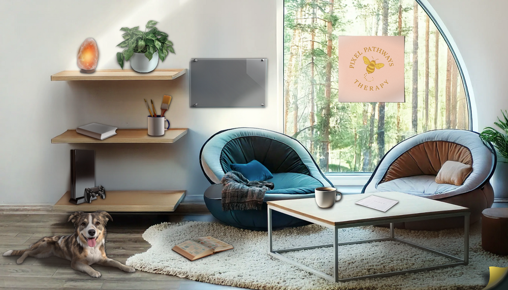 This virtual space I use for teletherapy is designed to feel calm and familiar, and can be adjusted to support focus and comfort during sessions.